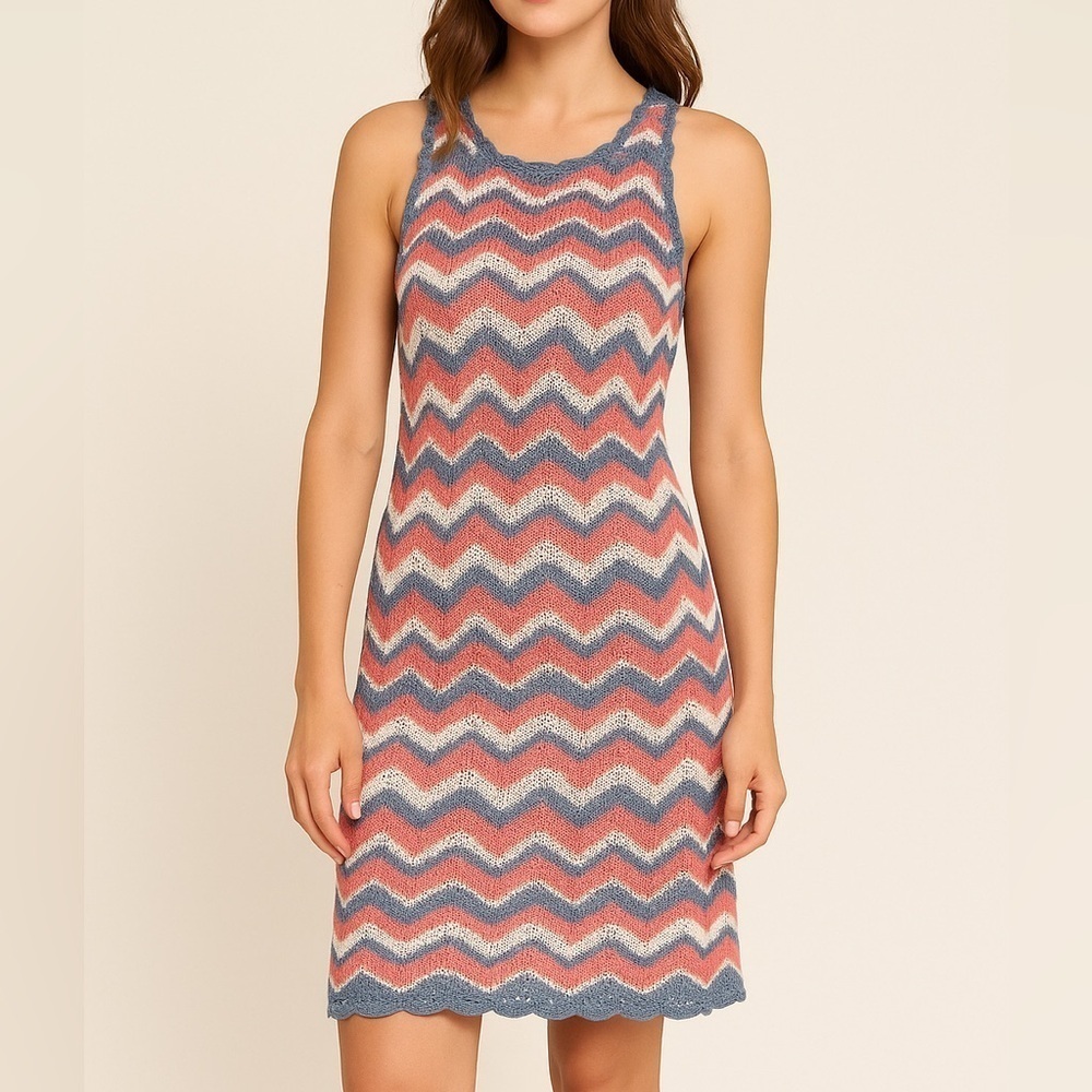 Minnie Rose Chevron Knit Mini Dress XS Boho Sleeveless Scalloped Hem Cotton